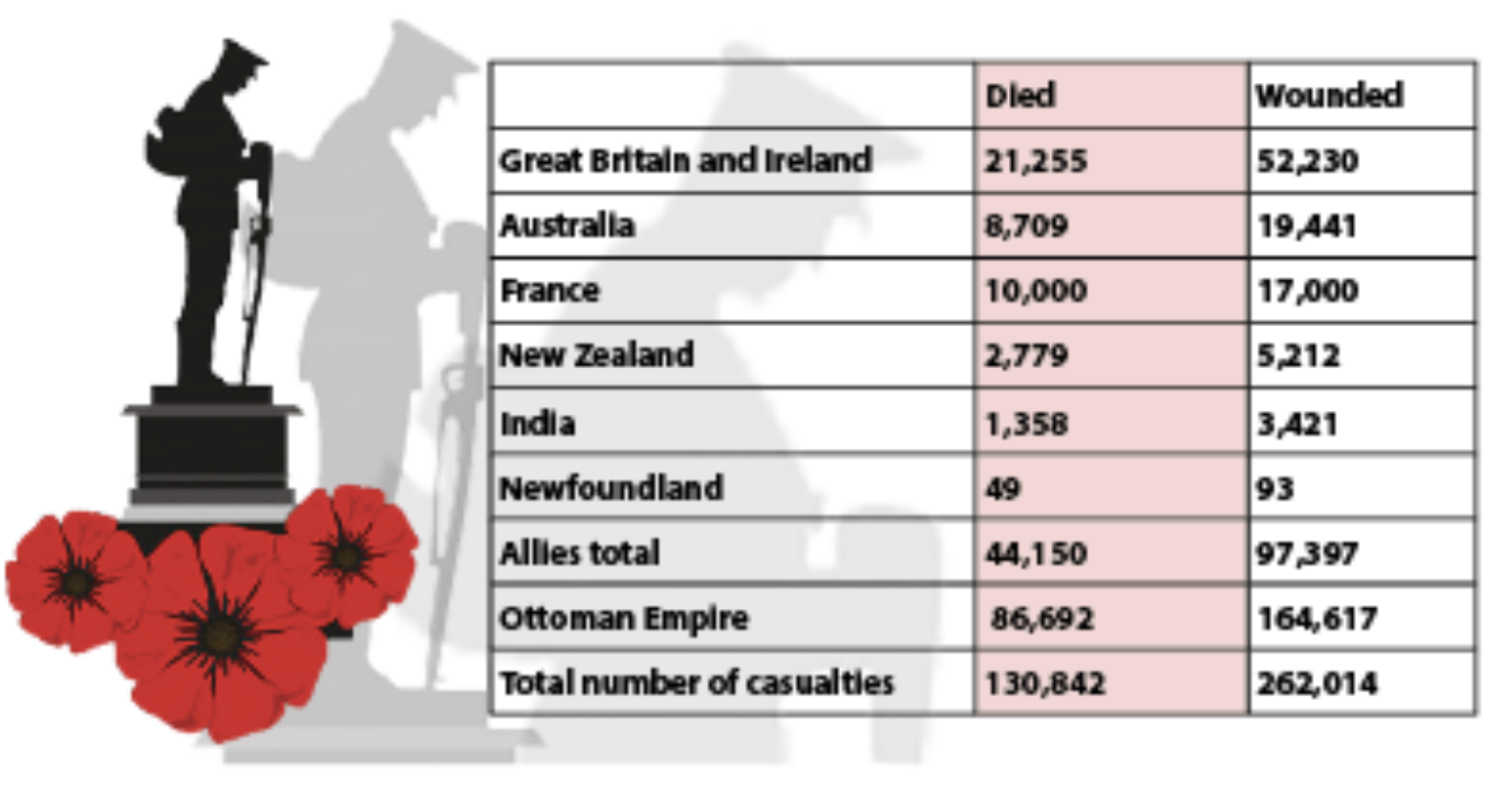 Casualties by country during the Gallipoli campaign (April 1915-January 1916)